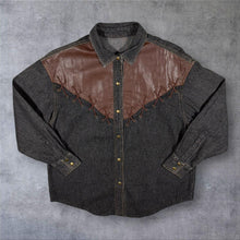 Load image into Gallery viewer, Vintage Cowboy Western Faux Leather Lace Panel Black Denim Long Sleeve Shirt