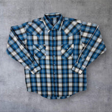 Load image into Gallery viewer, Vintage Western Style Blue White Grey Black Check Long Sleeve Popper Cotton Blend Shirt