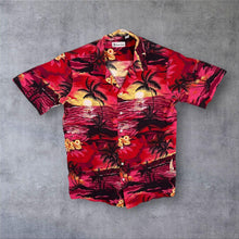 Load image into Gallery viewer, Vintage Hawaiian Vacation Hawaiian Tropical Palm Tree Pattern Red Yellow Shirt