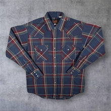 Load image into Gallery viewer, Vintage Plains Western Cowboy Navy Blue Burgundy Check Long Sleeve Popper Shirt