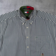Load image into Gallery viewer, Vintage Tommy Hilfiger Navy Blue White Striped Short Sleeve Button-Down Shirt