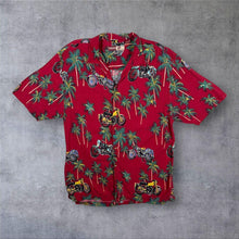 Load image into Gallery viewer, Vintage Thums Up Red Hawaiian Biker Patterned Rayon Short Sleeve Shirt