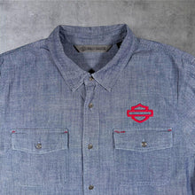 Load image into Gallery viewer, Harley Davidson Mens L Chambray Shirt Milwaukee Embroidered Short Sleeve Biker