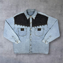 Load image into Gallery viewer, Vintage Cowboy Western Lace Panel Light Blue Denim Long Sleeve Popper Shirt