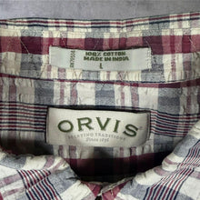 Load image into Gallery viewer, Vintage Orvis Shirt L Burgundy Navy Plaid 100% Cotton Short Sleeve