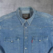 Load image into Gallery viewer, Vintage 90s Levi's Western Denim Shirt M Made Portugal Pearl Snap Red Tab Cowboy
