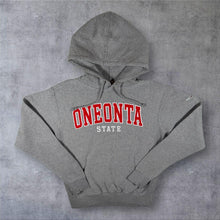 Load image into Gallery viewer, MV Sport Pro-Weave "Oneonta State" College Embroidered Spellout Grey Hoodie