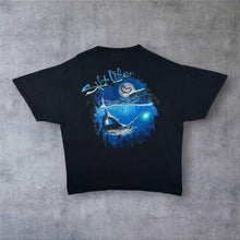 Load image into Gallery viewer, Salt Life Surfer Swordfish Spellout Graphic Black Cotton Pocket T-Shirt