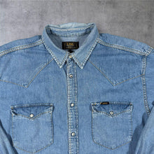 Load image into Gallery viewer, Vintage Lee Sanforized Denim Western Shirt L Pearl Snap Cowboy Blue Workwear