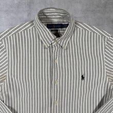 Load image into Gallery viewer, Ralph Lauren "Slim Fit" Grey White Striped Cotton Long Sleeve Button-Down Shirt