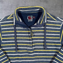 Load image into Gallery viewer, Vintage DEAL 1/4 Zip Pullover L Navy Yellow Striped Y2K Textured Sweatshirt