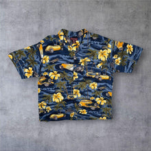 Load image into Gallery viewer, Vintage Covington Hawaiian Tropical Hot Rod Pattern Blue Rayon Shirt