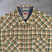 Load image into Gallery viewer, Levis Western Shirt Mens M Green Tan Check Plaid Flannel Pearl Snap Slim Fit