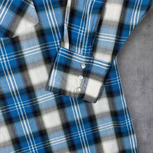 Load image into Gallery viewer, Vintage Western Style Blue White Grey Black Check Long Sleeve Popper Cotton Blend Shirt