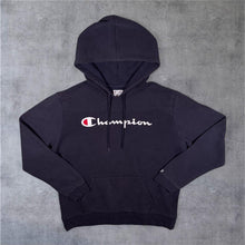 Load image into Gallery viewer, Champion Classic Logo Spellout Graphic Faded Navy Blue Hoodie