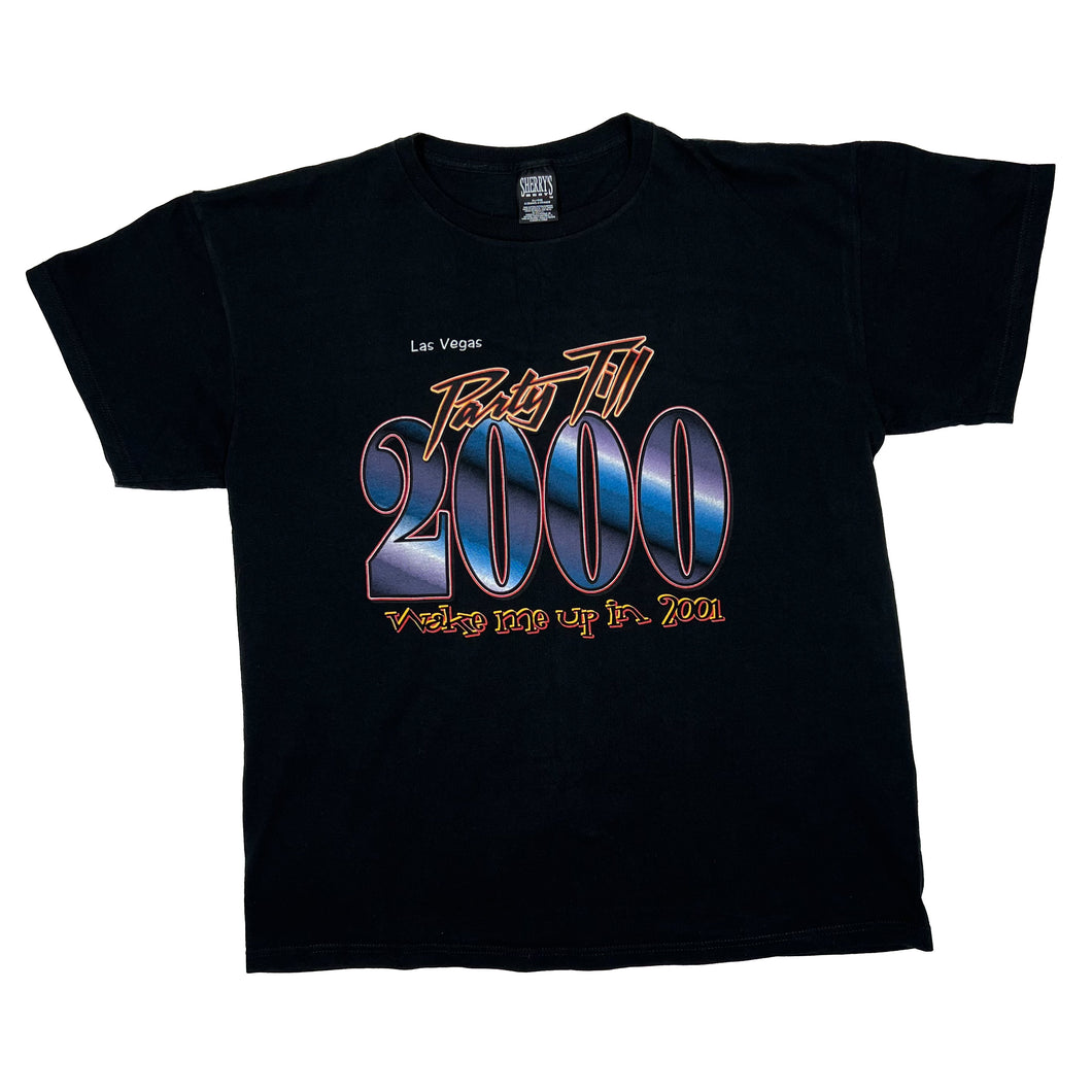 Sherry’s PARTY TILL 2000 “Wake Me Up In 2001” Las Vegas Souvenir Spellout Graphic T-Shirt