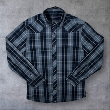 Load image into Gallery viewer, RW &amp; Co. Western Black Grey Check Long Sleeve Popper Cotton Spandex Blend Shirt
