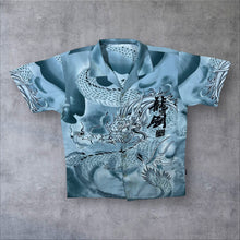 Load image into Gallery viewer, Early 00's Goth Y2K Dragon All-Over Print Open Collar Grey Blue Shirt
