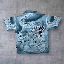 Load image into Gallery viewer, Early 00's Goth Y2K Dragon All-Over Print Open Collar Grey Blue Shirt
