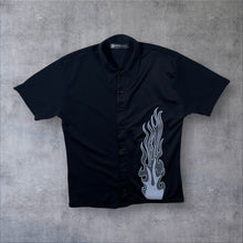 Load image into Gallery viewer, Early 00's Cool Cat Goth Y2K Tribal Flame Graphic Black Polyester Shirt
