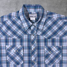 Load image into Gallery viewer, Vintage Wrangler Wrancher Blue White Western Plaid Check Popper Short Sleeve Shirt
