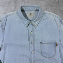 Load image into Gallery viewer, Timberland "Slim Fit" Faded Blue Denim Popper Button Long Sleeve Cotton Shirt
