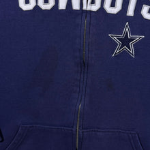 Load image into Gallery viewer, NFL Dallas Cowboys Embroidered Football Spellout Navy Blue Zip Hoodie
