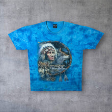 Load image into Gallery viewer, Early 00's WILD Native American Wolf Dreamcatcher Graphic Blue Tie Dye T-Shirt
