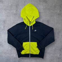 Load image into Gallery viewer, Nike Mini Logo Faded Navy Blue Yellow Colour Block Zip Hoodie
