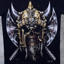 Load image into Gallery viewer, Early 00's Rock Chang Goth Fantasy Viking Skull Axe Graphic Black T-Shirt
