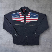 Load image into Gallery viewer, Vintage S.I.B Cowboy Western USA Flag Panel Black Popper Long Sleeve Shirt
