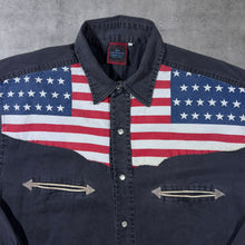 Load image into Gallery viewer, Vintage S.I.B Cowboy Western USA Flag Panel Black Popper Long Sleeve Shirt
