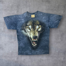 Load image into Gallery viewer, Vintage The Mountain (1999) Wolf Animal Wildlife Graphic Grey-Blue Tie Dye Cotton T-Shirt
