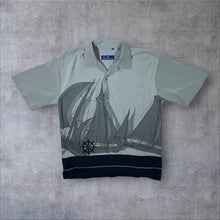 Load image into Gallery viewer, Early 00's Manchester Nautical Ship Graphic Grey 100% Silk Short Sleeve Shirt
