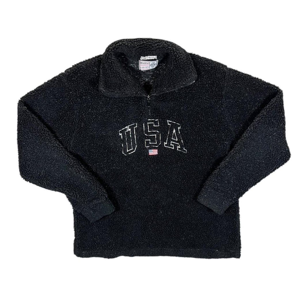 Vintage Privilege USA Embroidered Flag Spellout Black Sherpa 1/4 Zip Fleece Sweatshirt