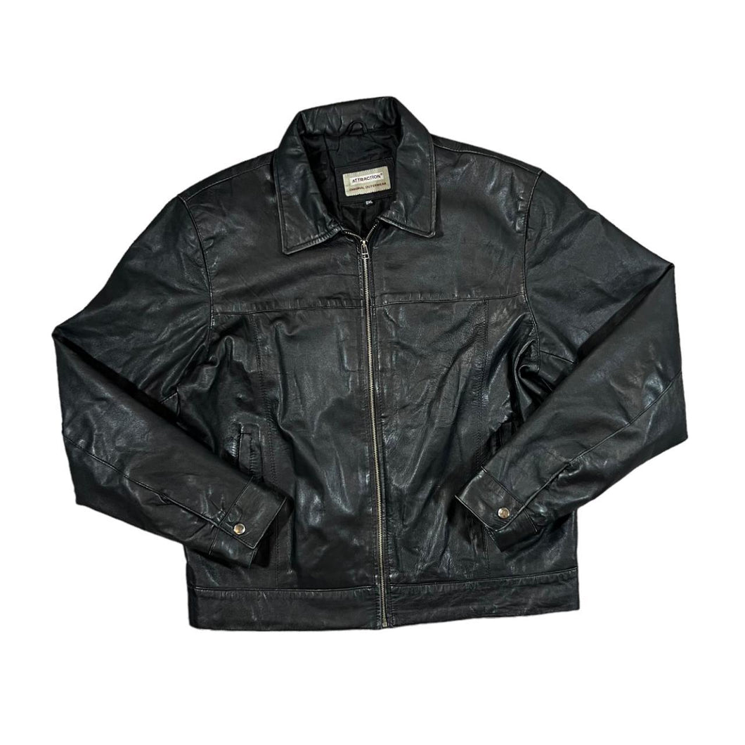 Vintage ATTRACTION Original Outerwear Classic Black Genuine Real Leather Zip Bomber Jacket
