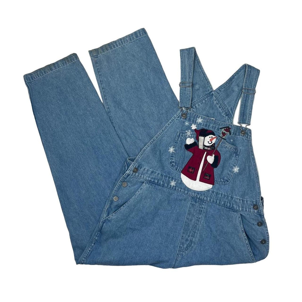 Vintage 90’s CHRISTOPHER & BANKS Embroidered Snowman Christmas Festival Denim Dungarees