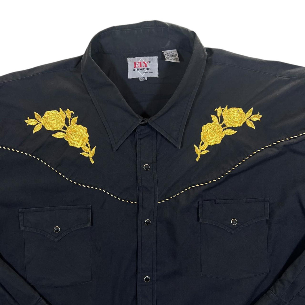 Vintage 90's Ely Diamond Cowboy Western Embroidered Rose Popper Long Sleeve Shirt