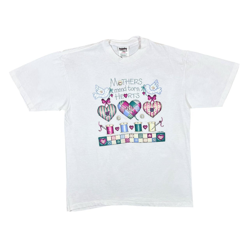 Vintage 90's Oneita MOTHERS MEND TORN HEARTS Cottage Core Novelty Graphic Single Stitch T-Shirt