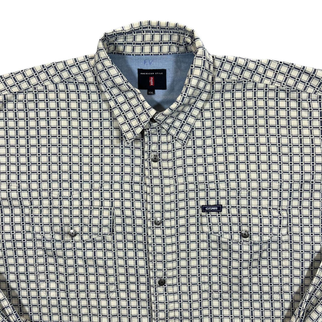 Vintage American Style Gear Patterned Check Western Style Popper Long Sleeve Shirt