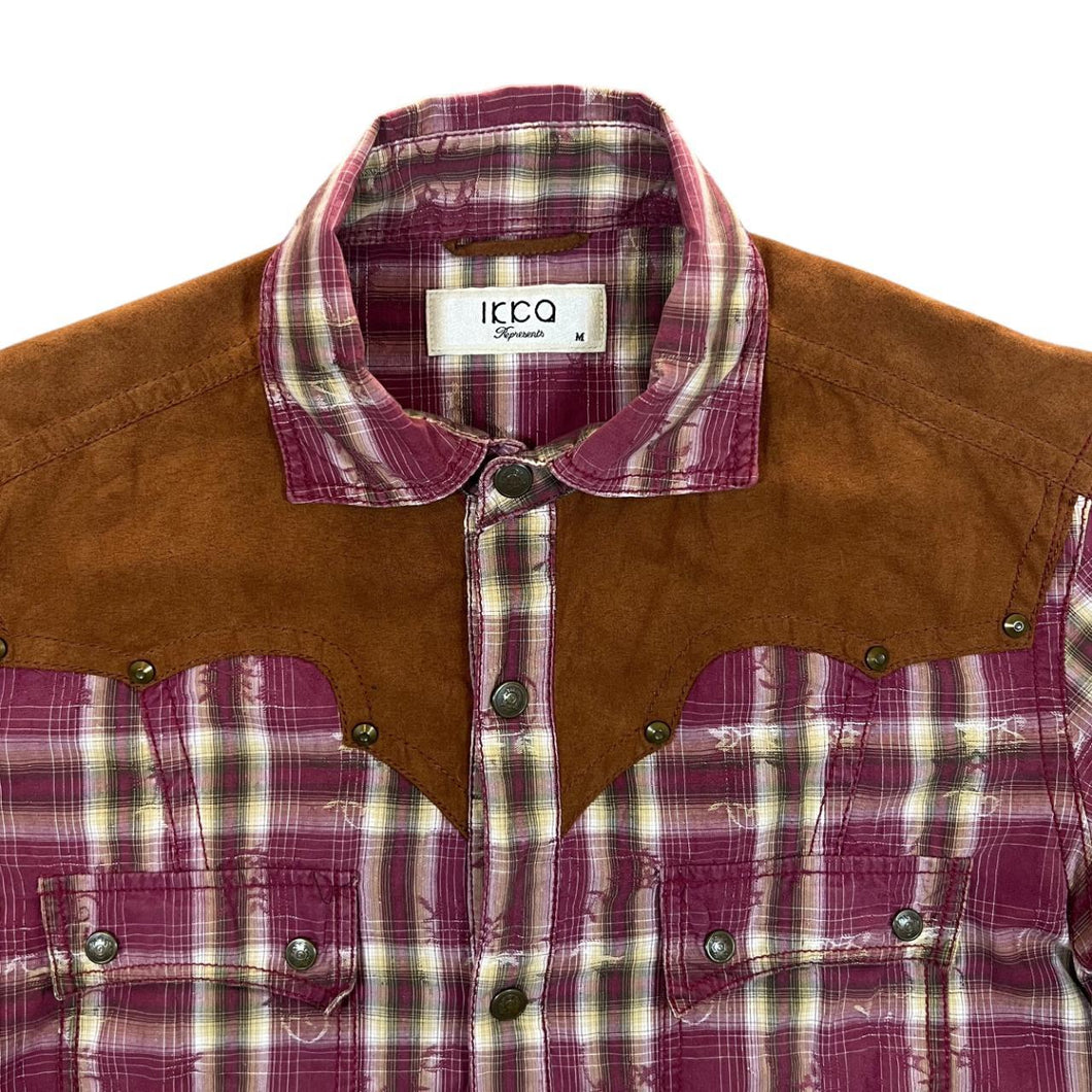 IKKA Represents Cowboy Western Check Suede Effect Panel Popper Long Sleeve Shirt