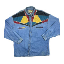 Load image into Gallery viewer, Vintage SHOOTER Leather Panel Cowboy Western Denim Long Sleeve Shirt
