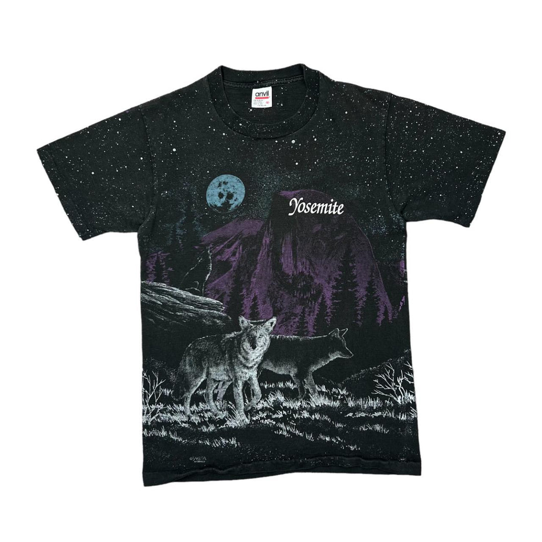 Vintage 90's Anvil YOSEMITE Wolf Animal Nature Wildlife Graphic All-Over Print Single Stitch T-Shirt