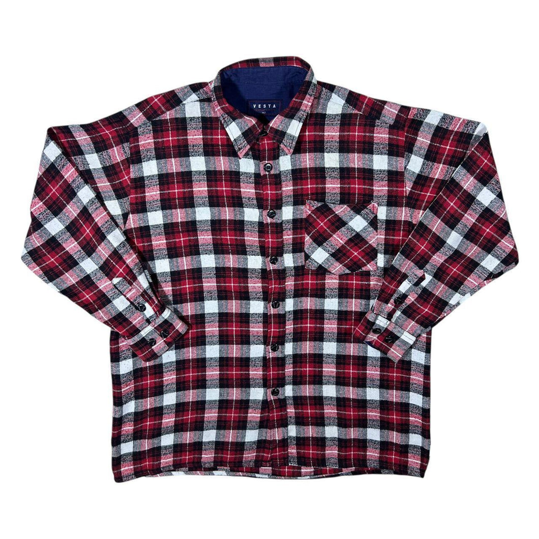Vintage Vesta Red White Black Plaid Check Long Sleeve Flannel Shirt