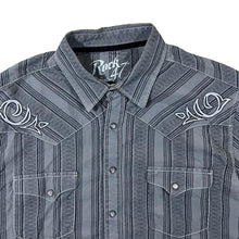 Load image into Gallery viewer, Rock 47 By Wrangler Cowboy Western Grey Striped Popper Long Sleeve Shirt
