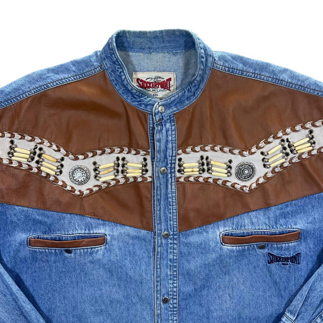 Vintage Stockerpoint Cowboy Western Blue Denim Collarless Grandad Long Sleeve Shirt