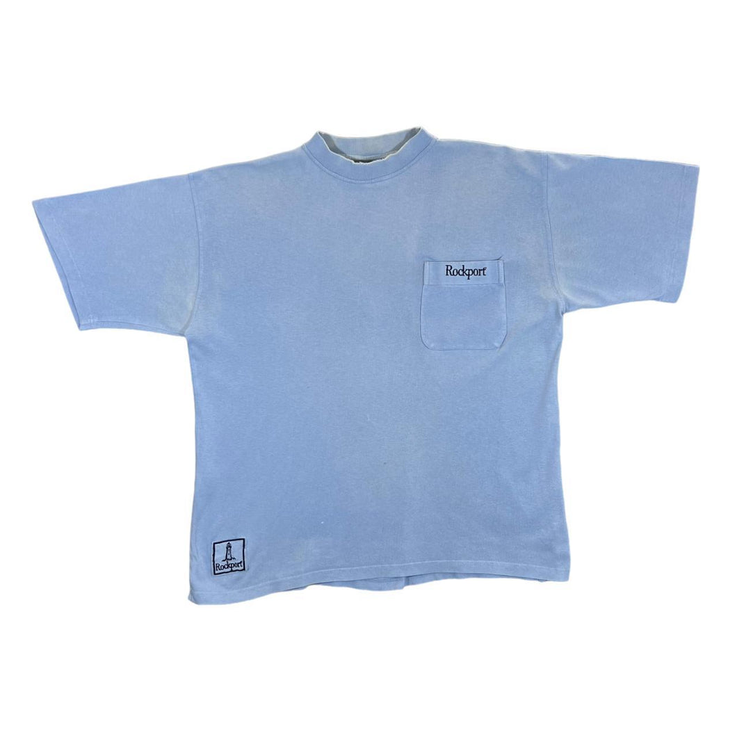 Early 00's ROCKPORT Embroidered Pocket Spellout Faded Distressed Blue T-Shirt