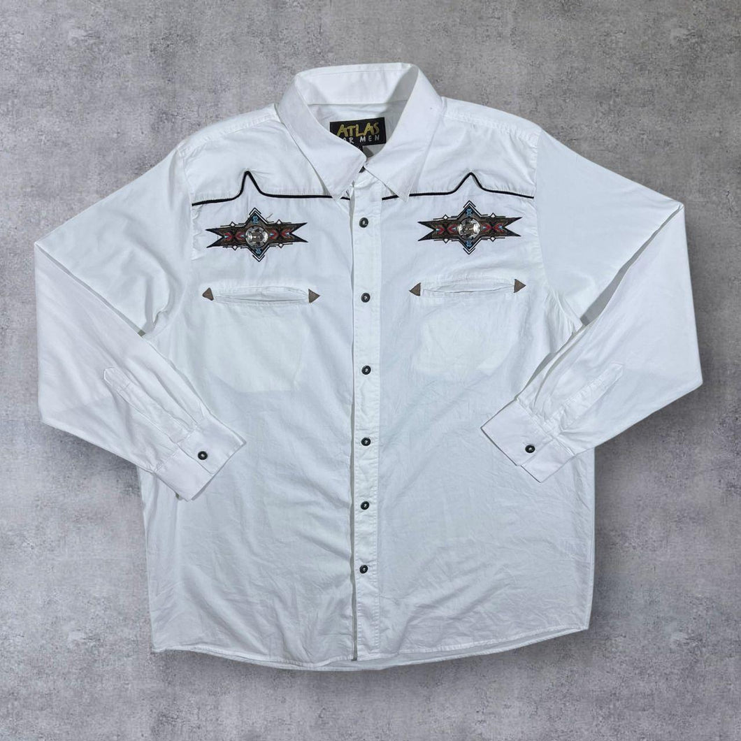 Early 00's Atlas For Men Cowboy Western Embroidered Native White Long Sleeve Cotton Shirt