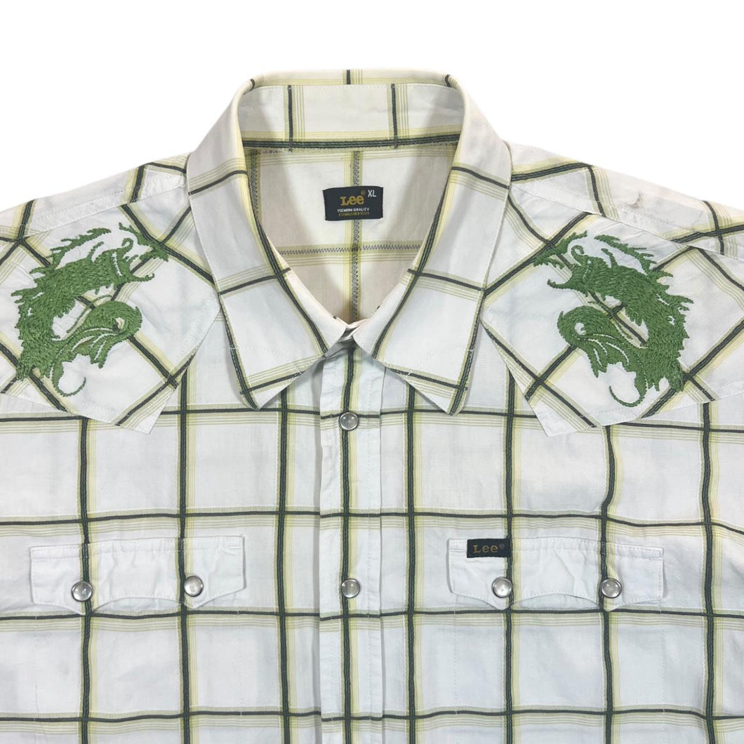 Early 00's Lee Embroidered Cowboy Western Plaid Check Popper Short Sleeve Shirt
