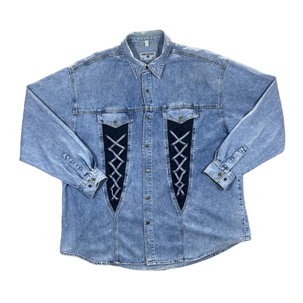 Vintage 90's JOHN BANER Lace Panel Cowboy Western Style Long Sleeve Blue Denim Shirt